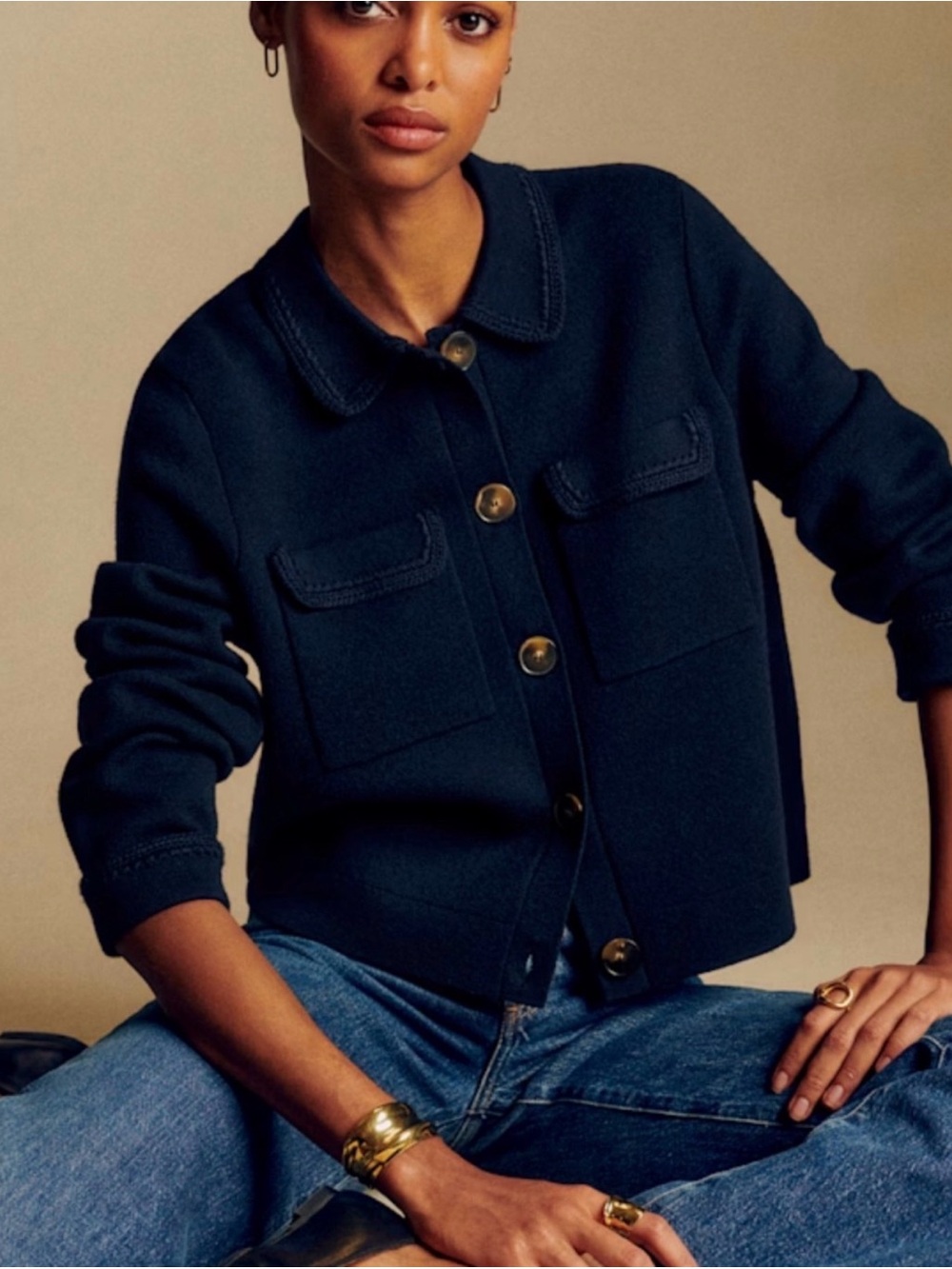 Sezane Navy Blue Button-Front Knit Cardigan